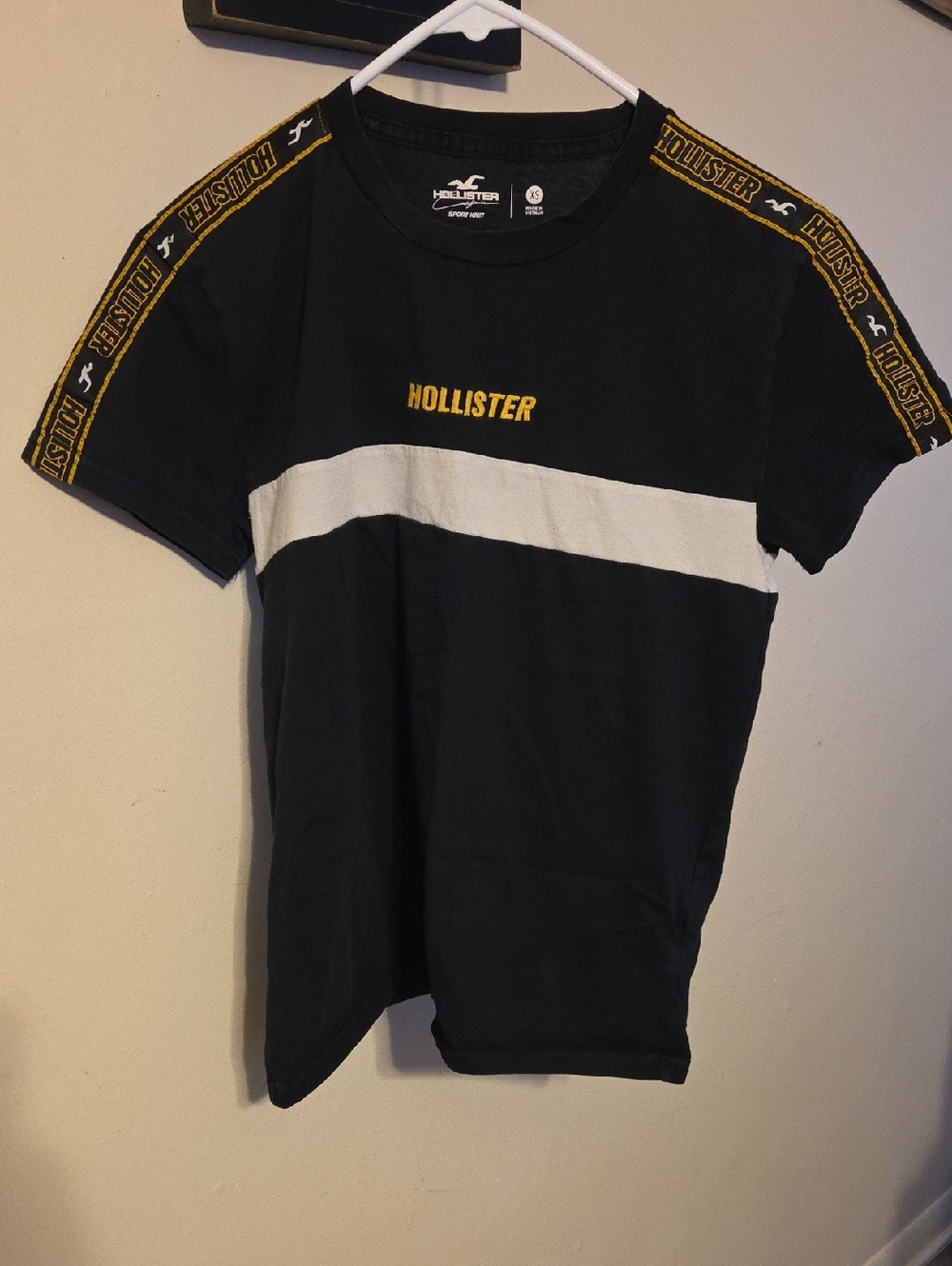 Hollister Black Tee with White Stripe and Yellow Logo Trim